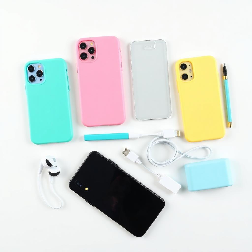 Variedade de acessórios para celular: capinhas, películas, carregadores e fones